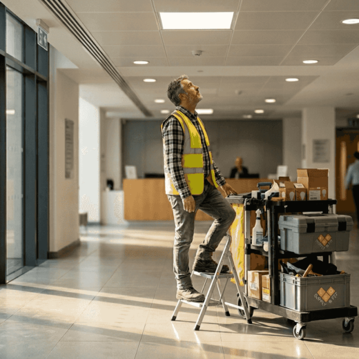 Building manager inspecting office LED lighting