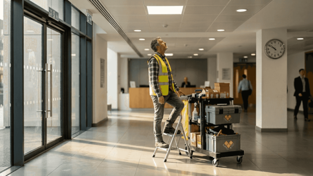 Building manager inspecting office LED lighting