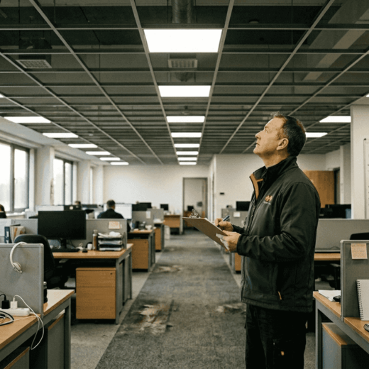 Manager inspects open-plan LED lit office