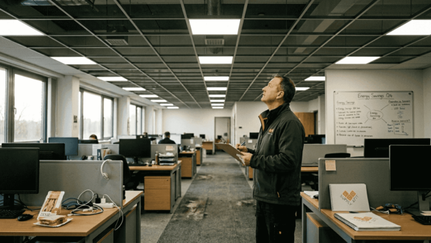 Manager inspects open-plan LED lit office