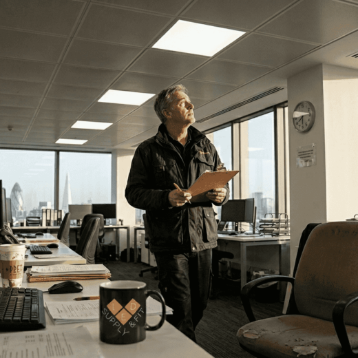Facilities manager inspecting LED office lighting