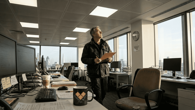 Facilities manager inspecting LED office lighting