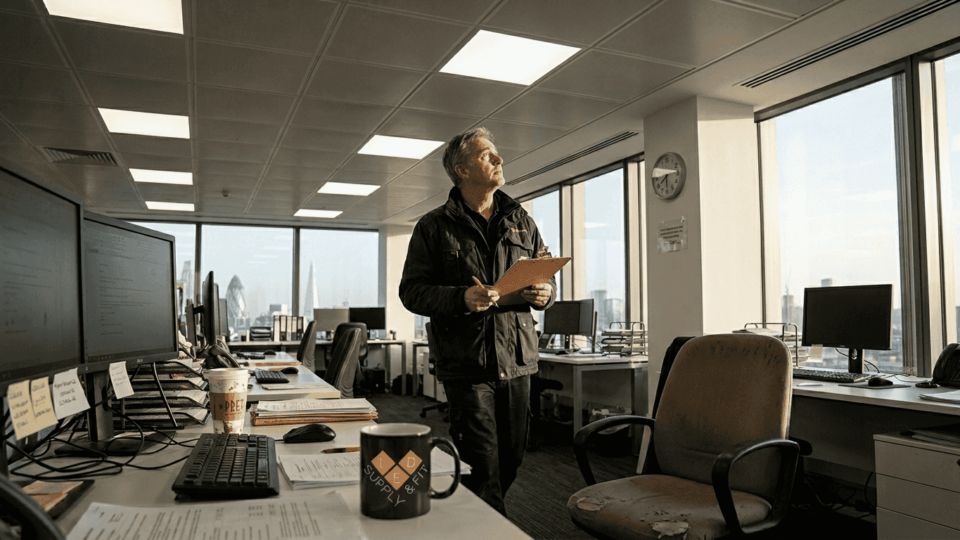 Facilities manager inspecting LED office lighting