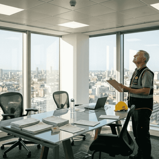 Facilities manager inspecting LED-lit UK office