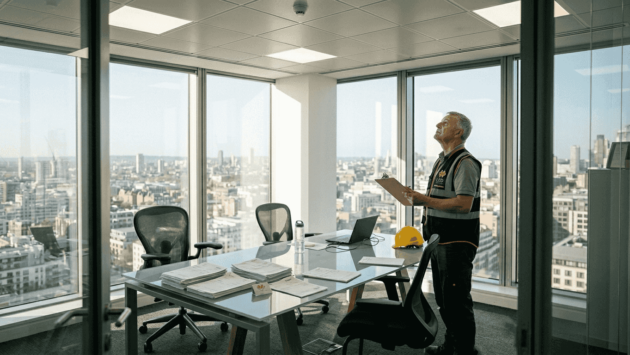 Facilities manager inspecting LED-lit UK office