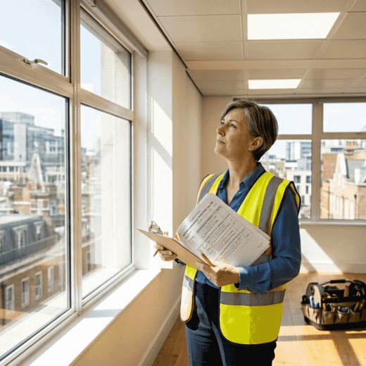 Manager inspects LED office lighting in UK