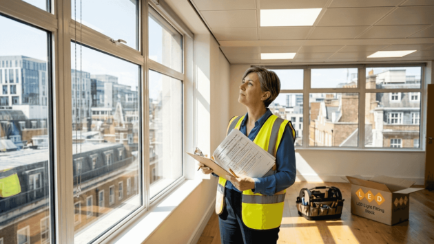 Manager inspects LED office lighting in UK