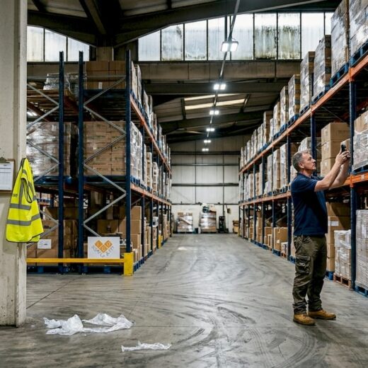 Warehouse supervisor checks modern LED lighting