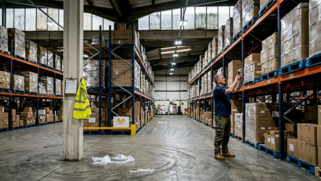 Warehouse supervisor checks modern LED lighting