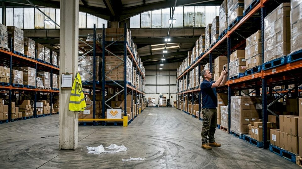Warehouse supervisor checks modern LED lighting