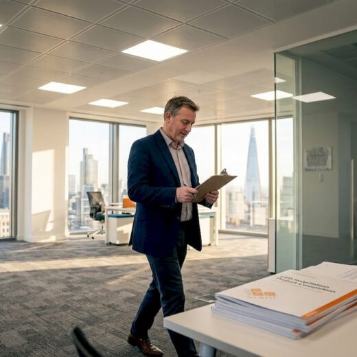Office manager inspecting modern LED lighting