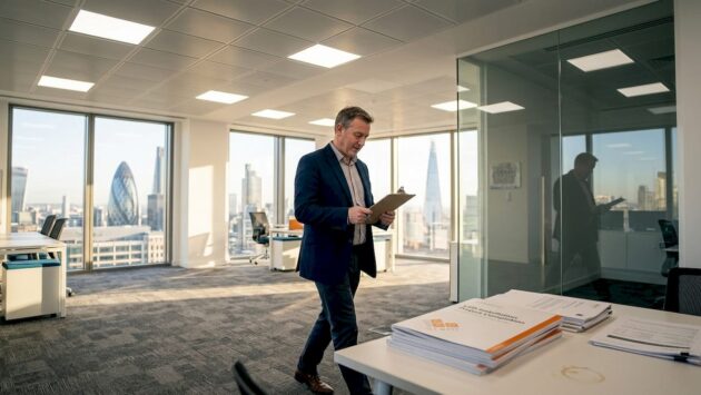 Office manager inspecting modern LED lighting