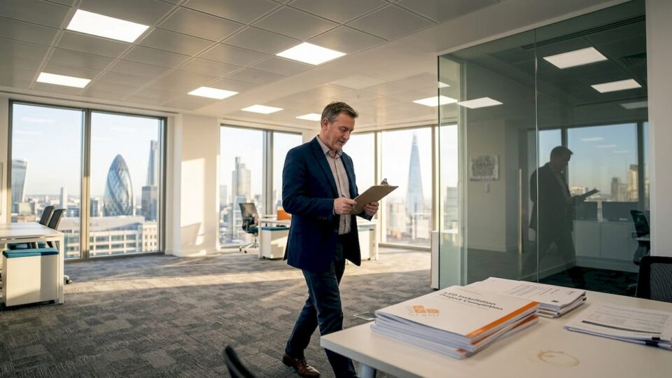 Office manager inspecting modern LED lighting