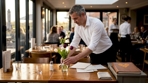 Restaurant manager adjusts ambiance lighting table