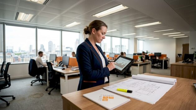 Manager checks office lighting and energy chart