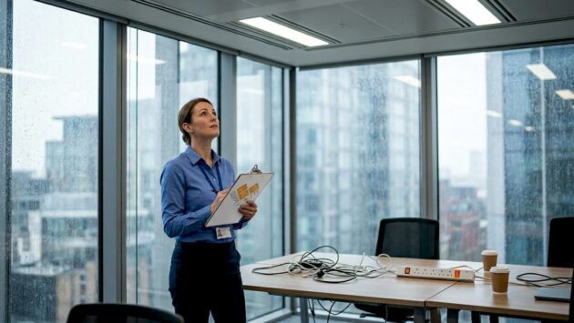 Manager inspecting LED lighting in office