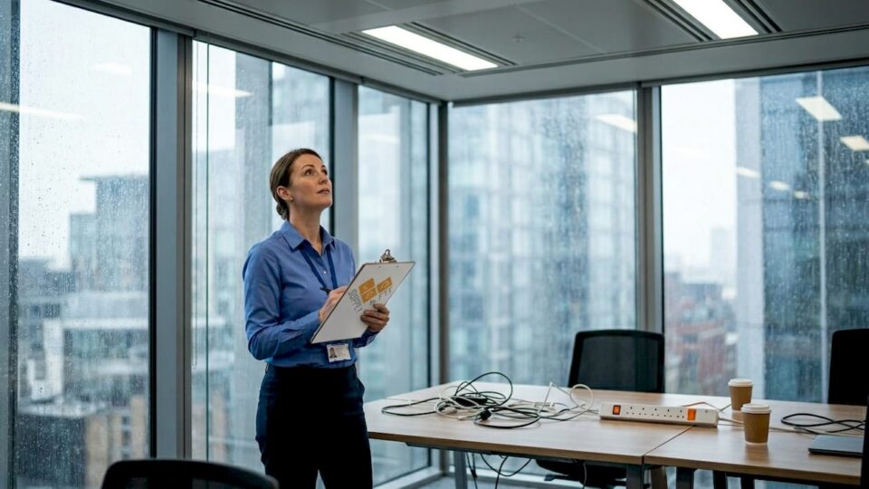 Manager inspecting LED lighting in office