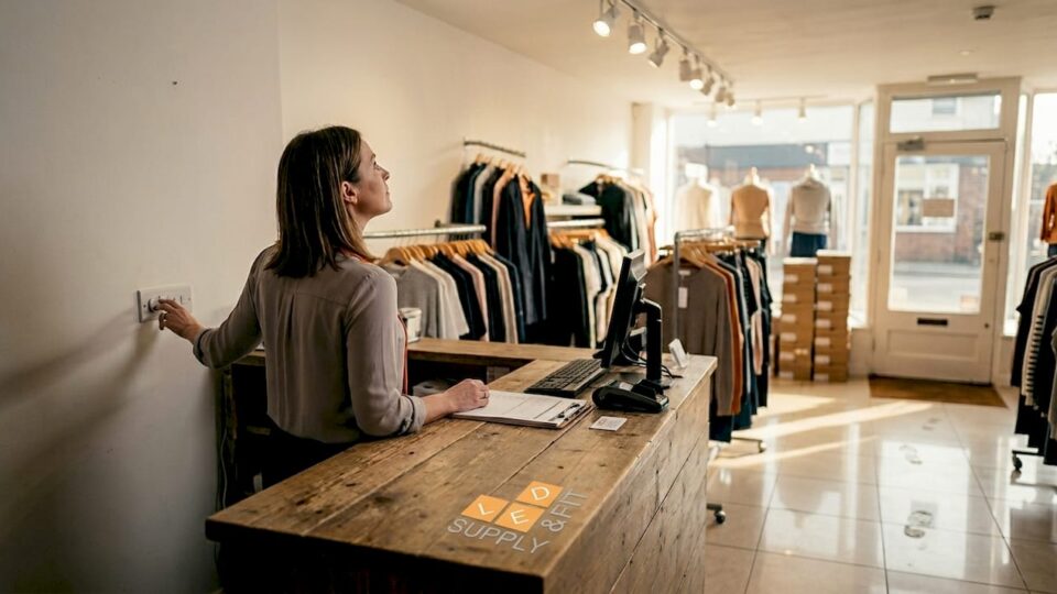 Store manager checks lighting controls in shop