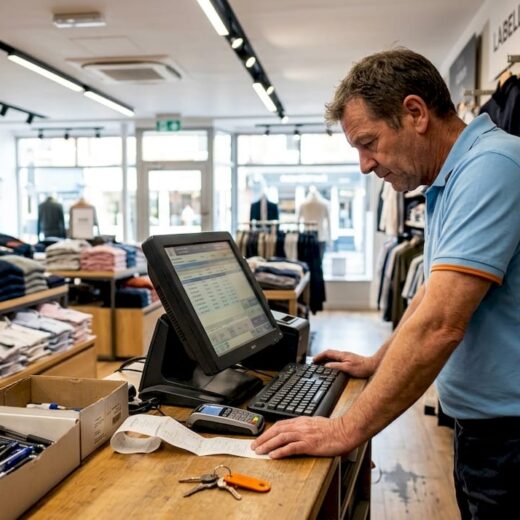 Retail manager under LED lighting in store