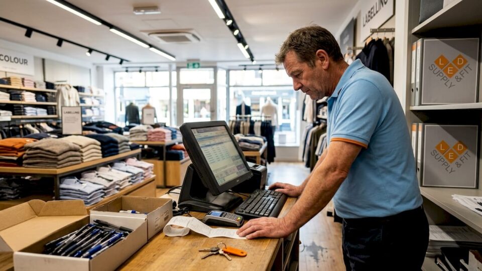 Retail manager under LED lighting in store