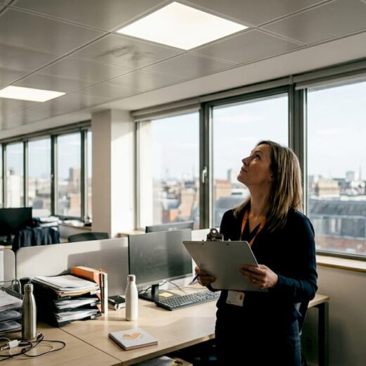 Manager inspecting LED panel lights in office
