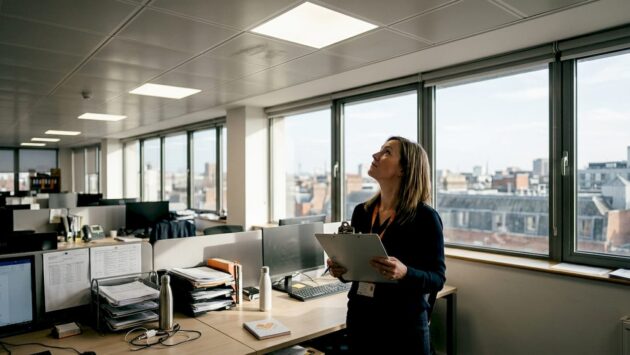 Manager inspecting LED panel lights in office