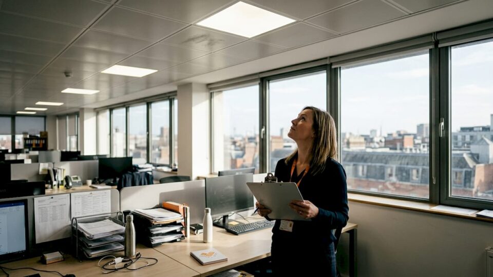 Manager inspecting LED panel lights in office