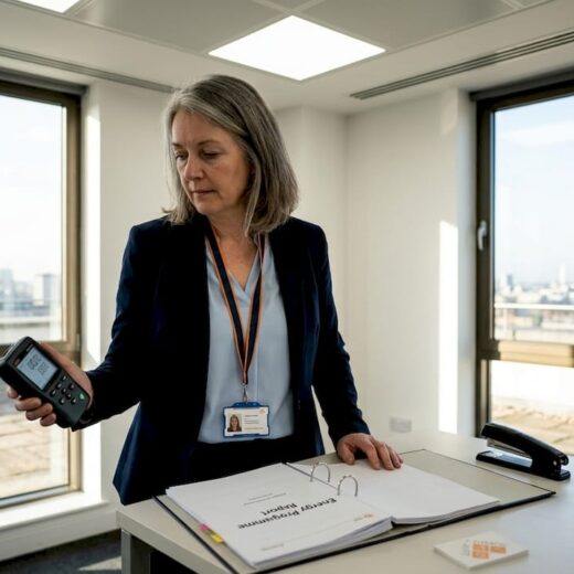 Manager checks energy meter in LED-lit office