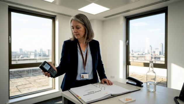 Manager checks energy meter in LED-lit office