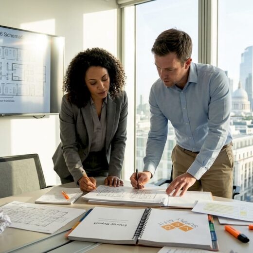 Managers reviewing LED lighting audit