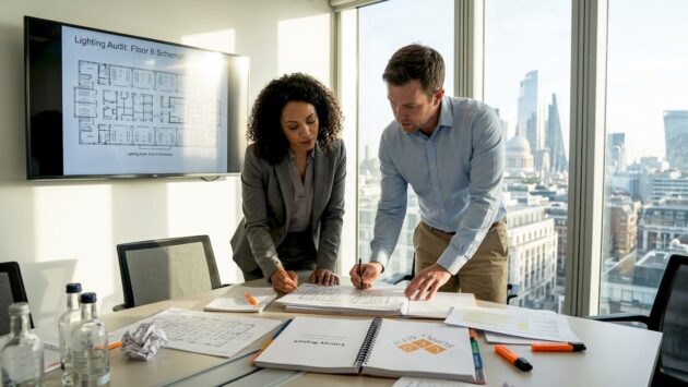 Managers reviewing LED lighting audit