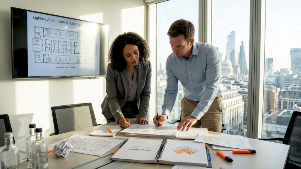 Managers reviewing LED lighting audit