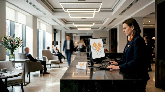 Hotel lobby with layered LED lighting