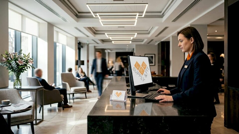 Hotel lobby with layered LED lighting