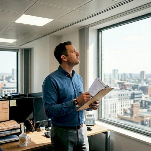 Manager assessing office lighting quality