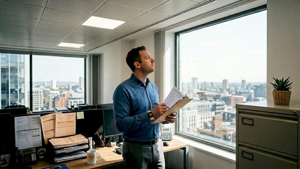 Manager assessing office lighting quality
