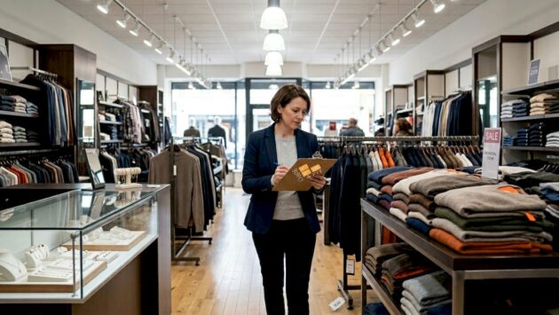 Retail manager evaluating LED lighting in store