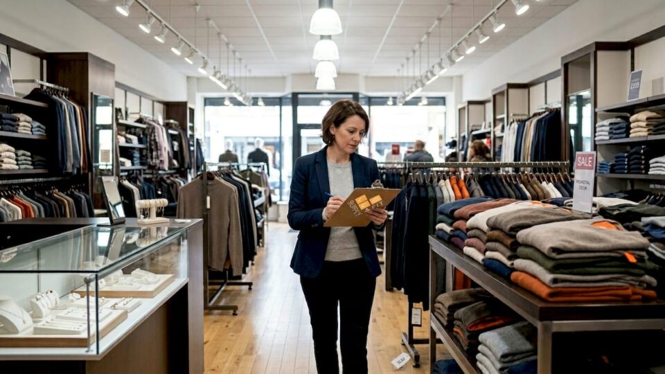 Retail manager evaluating LED lighting in store