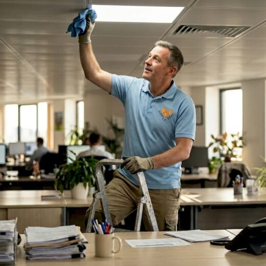 Facilities manager cleaning LED panel in office