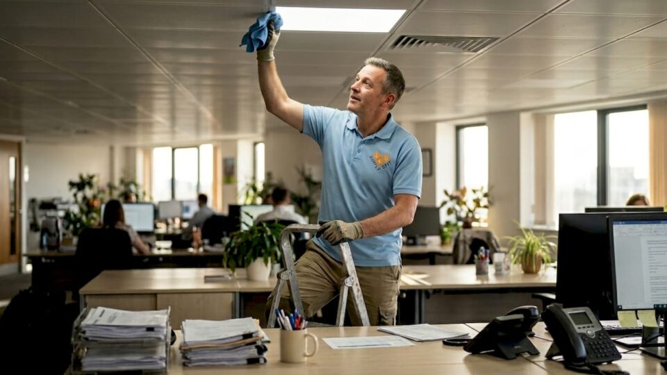 Facilities manager cleaning LED panel in office