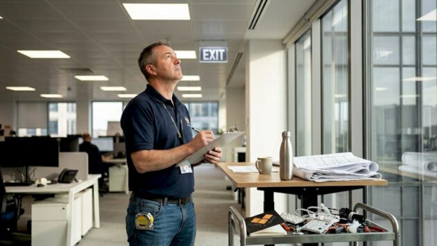 Office manager reviewing sustainable lighting options