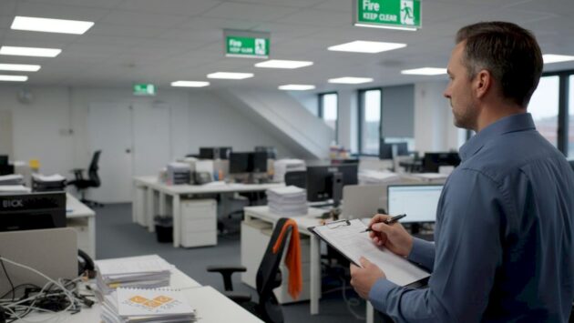 Manager checking emergency LED lighting logbook