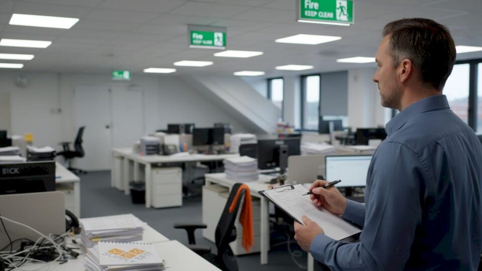 Manager checking emergency LED lighting logbook