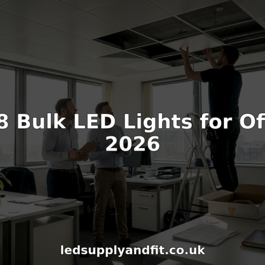 Staff supervising LED light installation in office