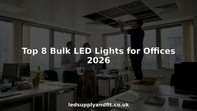 Staff supervising LED light installation in office