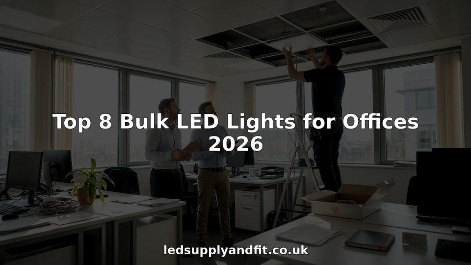 Staff supervising LED light installation in office