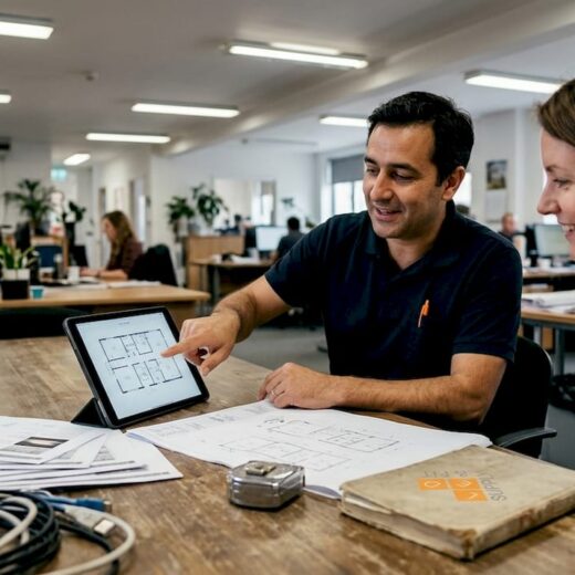 Lighting consultant reviews plans in office meeting
