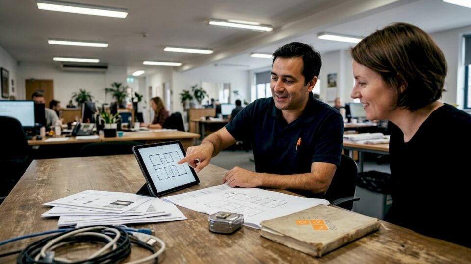 Lighting consultant reviews plans in office meeting