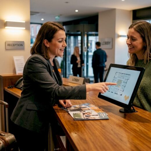 Hotel lobby with LED-lit reception area
