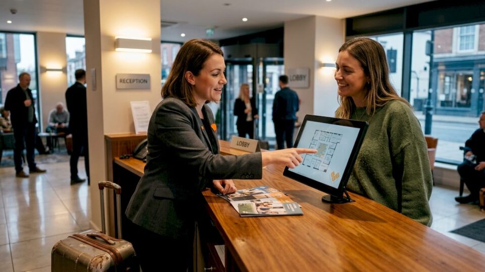 Hotel lobby with LED-lit reception area